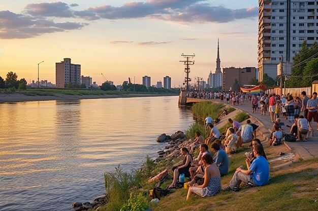 Foto capturando la serenidad novosibirsk rusia une a la gente en el descanso y la pesca en la orilla del río ob