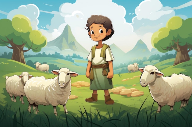 Capturando la serenidad un tierno retrato del niño Jesús Cristo pastoreando ovejas una escena cariñosa y simbólica que encarna la inocencia la fe y el encanto pastoral de la narrativa bíblica