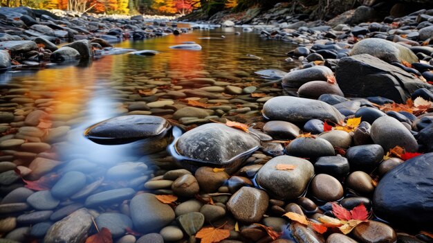 Capturando la tranquila belleza del follaje de otoño en un río rocoso