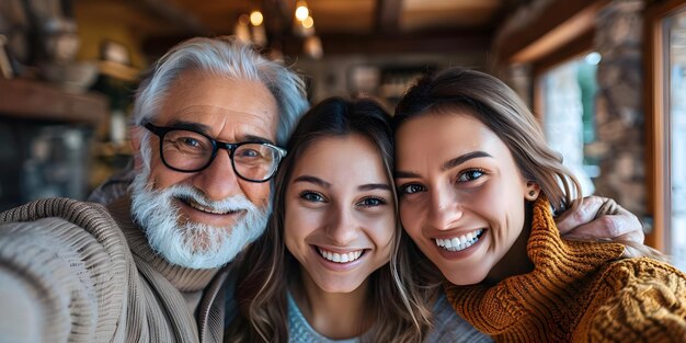 Foto capturando três gerações de alegria e unidade em um conceito de selfie de família convivial gerações familiares alegria de unidade selfie