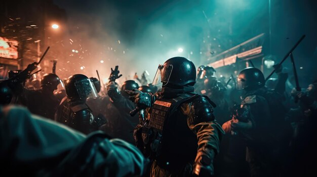 Foto capturando el tumultuoso choque entre la policía antidisturbios y los manifestantes