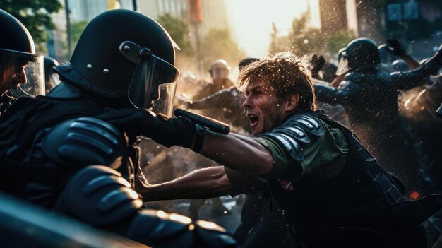 Foto capturando el tumultuoso choque entre la policía antidisturbios y los manifestantes