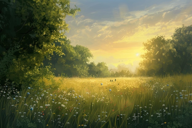 Capturar a beleza serena de um prado exuberante beijado pelo sol durante o amanhecer