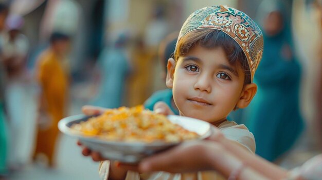 Foto capturar a generosidade comunitária da distribuição de alimentos durante o eid al-fitr