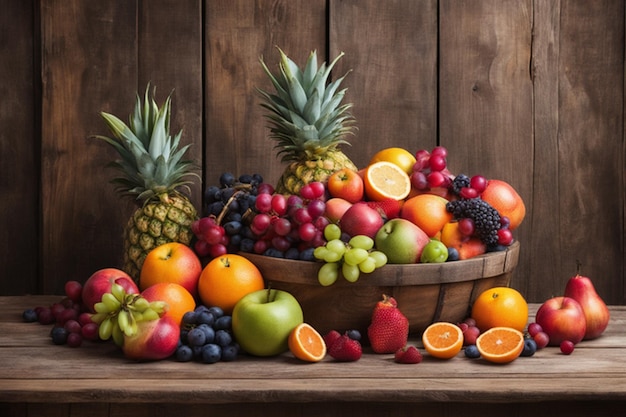 capturar as cores vibrantes e texturas de um abundante arranjo de frutas em uma mesa de madeira rústica 1