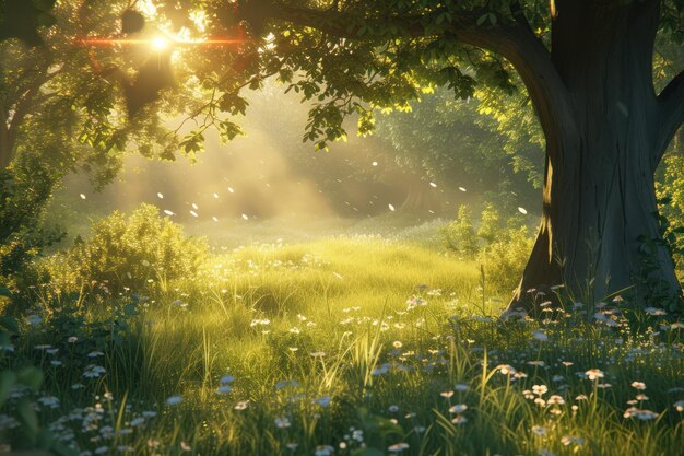 Capturar la belleza serena de un prado exuberante besado por el sol durante el amanecer