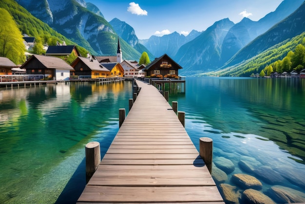 Capturar el encanto de los lagos de Hallstatt muelle icónico fondo de montaña cabañas pintorescas