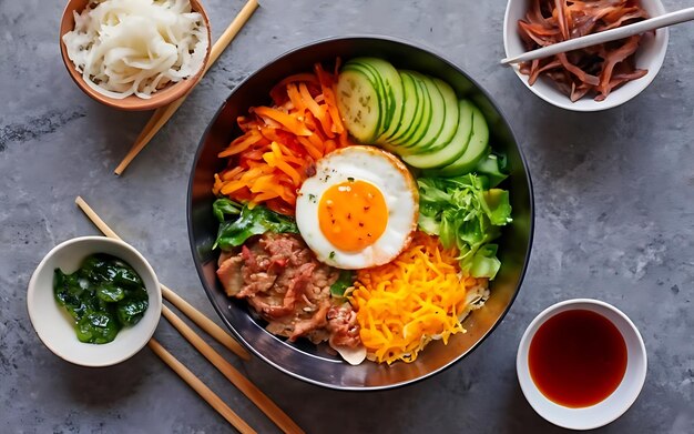 Foto capturar la esencia de bibimbap en una fotografía de comida deliciosa