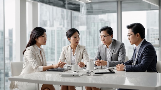 Foto capturar la esencia de una conversación centrada en la tecnología entre tres expertos empresariales asiáticos en una alta