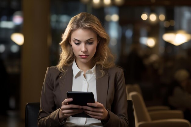 Capturar la expresión enfocada de una mujer de negocios mientras mira un teléfono inteligente IA generativa