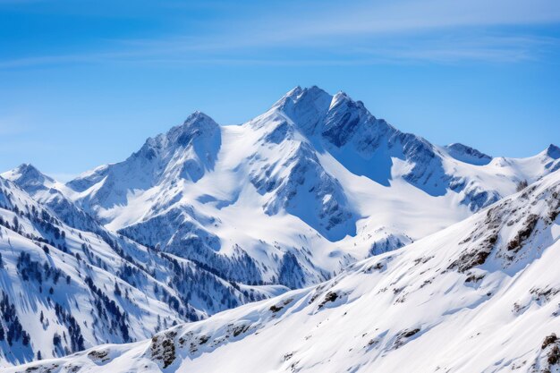 Capturar la grandeza de los picos cubiertos de nieve contra un cielo azul claro