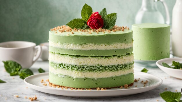 Capturar la indulgencia Mostrar las capas irresistibles de un pastel de crema verde en un blanco prístino