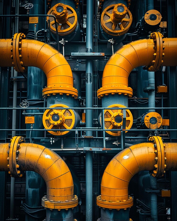 Capturar la intrincada red de tuberías y válvulas desde una vista dramática en un ángulo bajo en una instalación de tratamiento de agua haciendo hincapié en la precisión y complejidad de los procesos de ingeniería