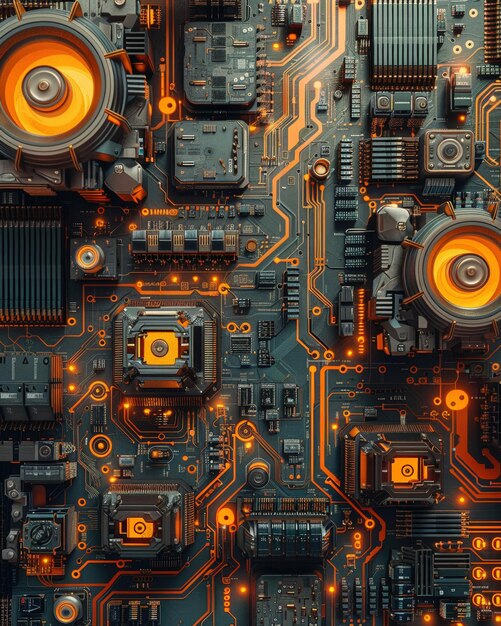 Capturar los intrincados patrones y componentes de una placa de circuitos desde un ángulo dinámico inclinado Destacar la precisión y complejidad de los dispositivos electrónicos modernos con un enfoque en los detalles más pequeños