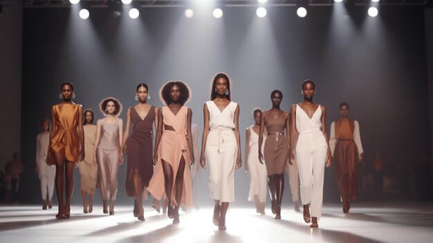 Capturar modelos negras caminando por la pista mostrando la diversidad y la inclusión en la industria de la moda