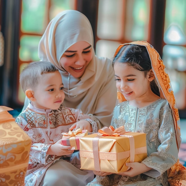 Foto capturar el momento del intercambio de regalos de eid mostrando la felicidad compartida