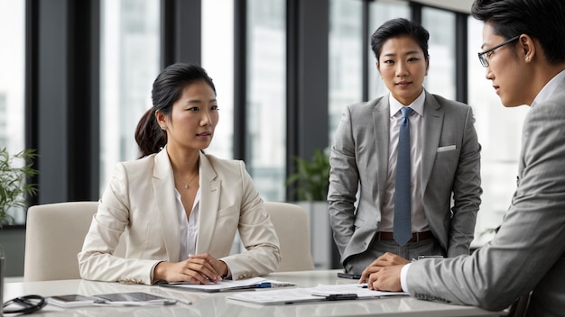 Capturar el momento de una presentación de un cliente con tres representantes de negocios asiáticos en un escritorio blanco