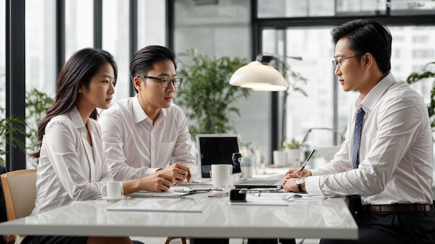 Capturar o espírito empreendedor de uma equipe de negócios asiática mostrando três indivíduos discutindo