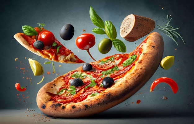 Foto capturar salpicaduras dinámicas de comida en una fotografía de comida voladora con una rebanada de pizza ai generada
