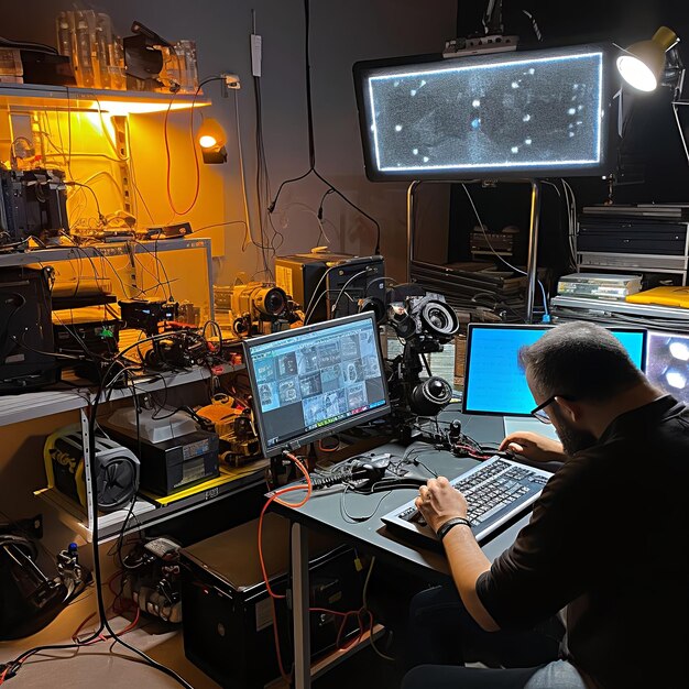 Foto capturar uma foto de uma configuração de laboratório em casa em uso com alguém trabalhando ativamente em um projeto ou realizando m