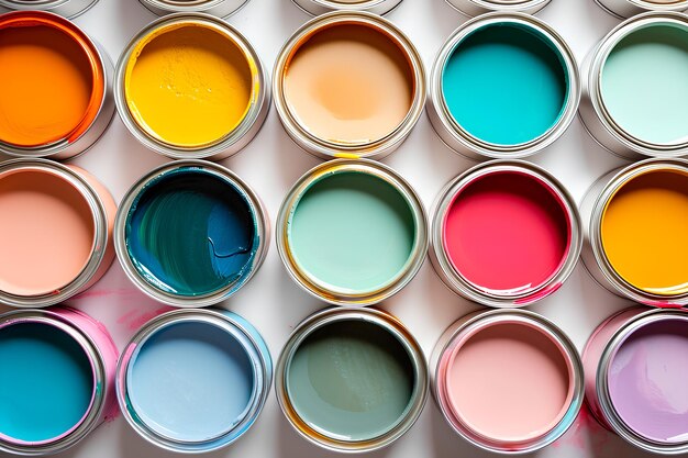 Capturar uma vista superior de latas de pintura abertas em cores neutras em um fundo claro criando um minimalista