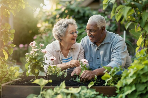 Capture a alegria e o contentamento de uma avó e um avô felizes enquanto se dedicam à jardinagem