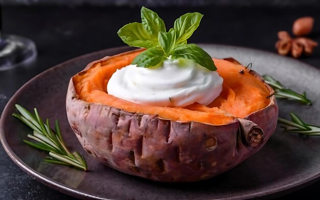 Capture a essência da batata doce assada em uma fotografia de comida deliciosa