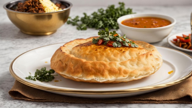 Capture a essência da culinária indiana com uma foto de estoque vibrante com placas Bhature castanhas douradas