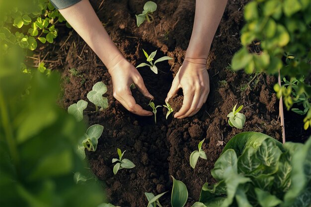 Capture a essência da jardinagem da primavera com uma imagem evocativa de mãos delicadamente plantando