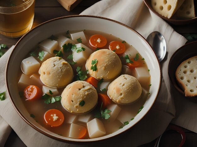 Capture a essência da sopa de bola de Matzo em uma foto de comida deliciosa