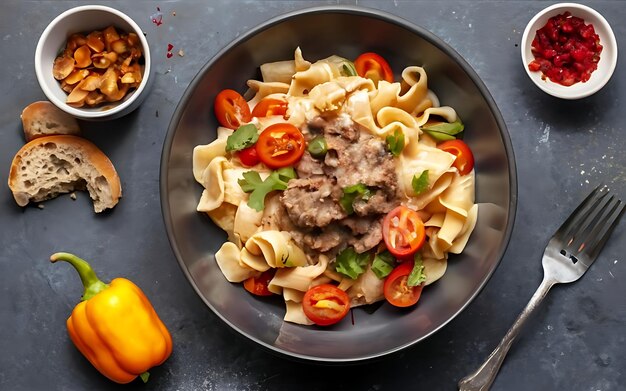 Foto capture a essência de stroganoff em uma fotografia de comida deliciosa