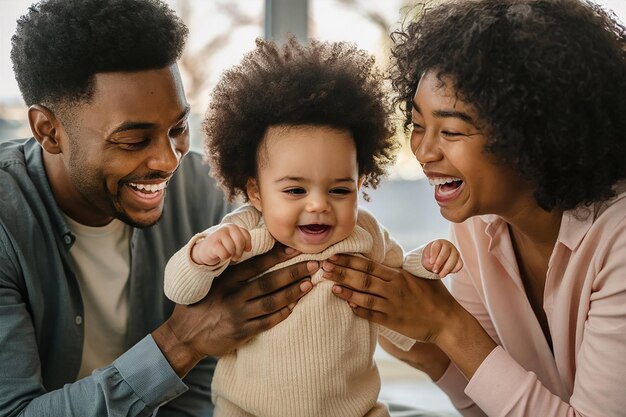 Capture a pura alegria e felicidade que irradiam os pais enquanto brincam e rem com seu bebê