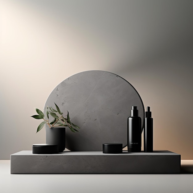 Capture la atención con este podio de hormigón de estilo minimalista que muestra cosméticos en un color gris de moda Una adición elegante a cualquier presentación de productos de belleza Ai generative