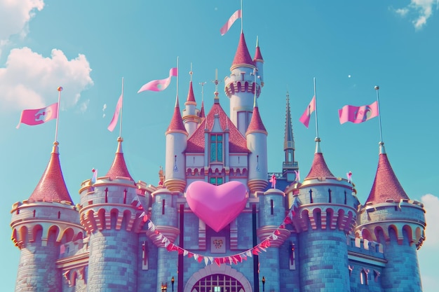 Capture la cautivadora vista de un majestuoso castillo adornado con un corazón rosa que simboliza el amor y el romance. Un castillo de fantasía con torretas en forma de corazón y banderas generadas por IA.