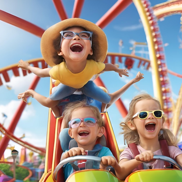 Capture la emoción de un viaje familiar a un parque de atracciones con niños riendo y gritando