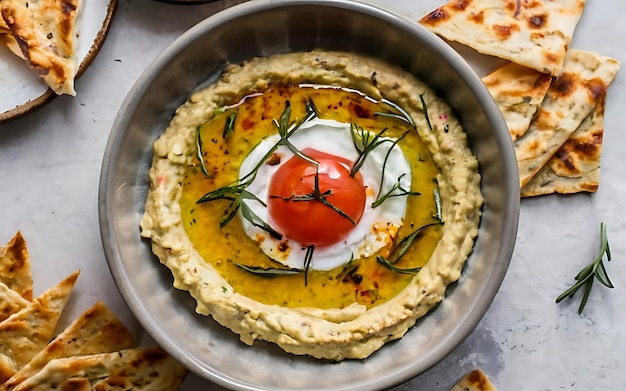 Capture la esencia de Baba Ghanoush en una foto de comida deliciosa