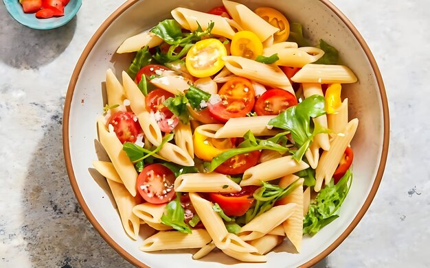 Capture la esencia de la ensalada de pasta en una foto de comida deliciosa