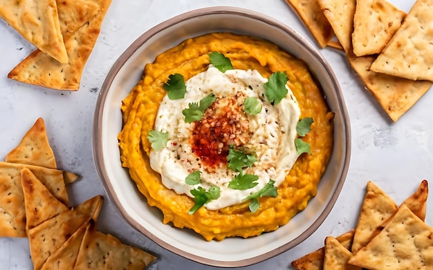 Foto capture la esencia del hummus en una fotografía de comida deliciosa