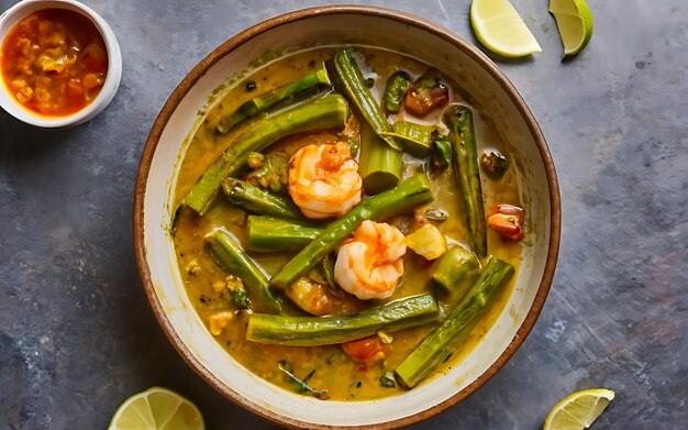 Foto capture la esencia del okra y el curry de camarón en una fotografía de comida deliciosa