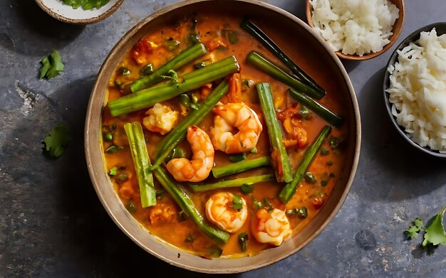 Foto capture la esencia del okra y el curry de camarón en una fotografía de comida deliciosa