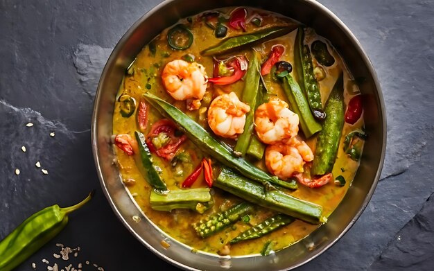Foto capture la esencia del okra y el curry de camarón en una fotografía de comida deliciosa