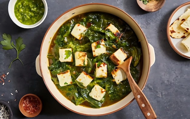 Foto capture la esencia de saag paneer en una foto de comida deliciosa