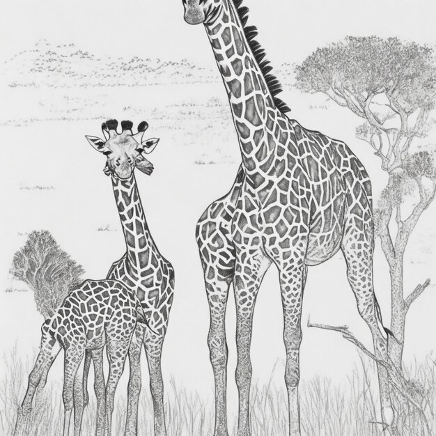 Capture la magia en una página coloreada a mano con una elegante jirafa y su adorable descendencia
