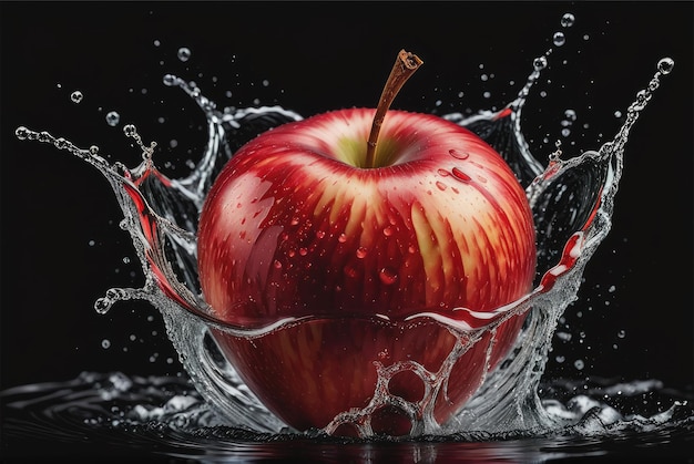 Capture una manzana roja con salpicaduras de agua elegantemente aislada sobre un fondo negro