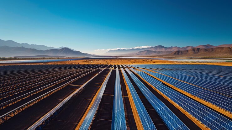 Capture un paisaje con una granja solar que se extiende hacia el horizonte Enmarque la toma con una composición diagonal que guíe el ojo del espectador a lo largo de las filas de paneles solares