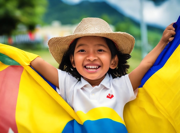 Capture el patriotismo sincero y la felicidad contagiosa de un lindo niño colombiano mientras celebran