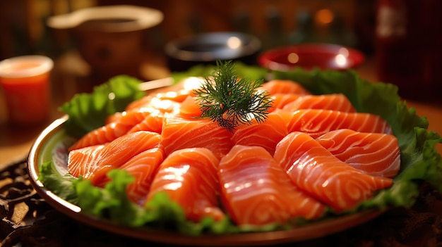 Capture un primer plano de un plato de sashimi de salmón bellamente arreglado en un restaurante tradicional japonés La IA generativa