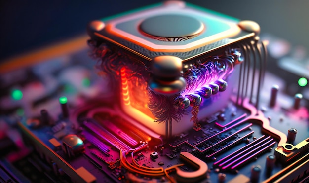 Capture un primer plano de un procesador de computadora que destaque su intrincado diseño y componentes complejos