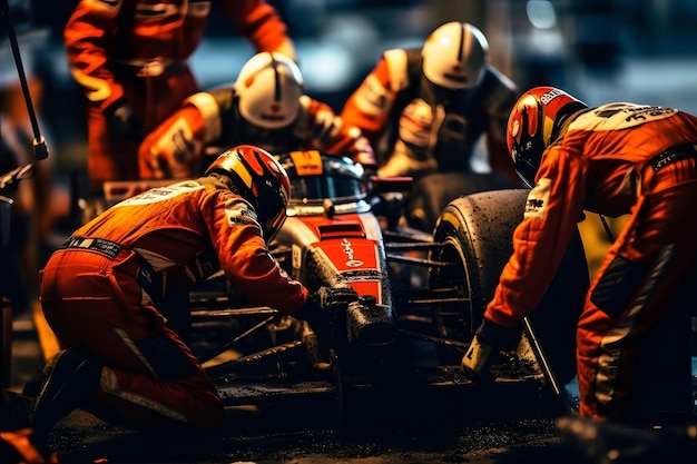 Capture uma cena de pit stop mostrando a competição coordenada de corridas de carros da equipe