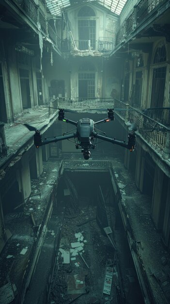 Capture uma cena de suspense de um edifício abandonado assustador com um drone aéreo